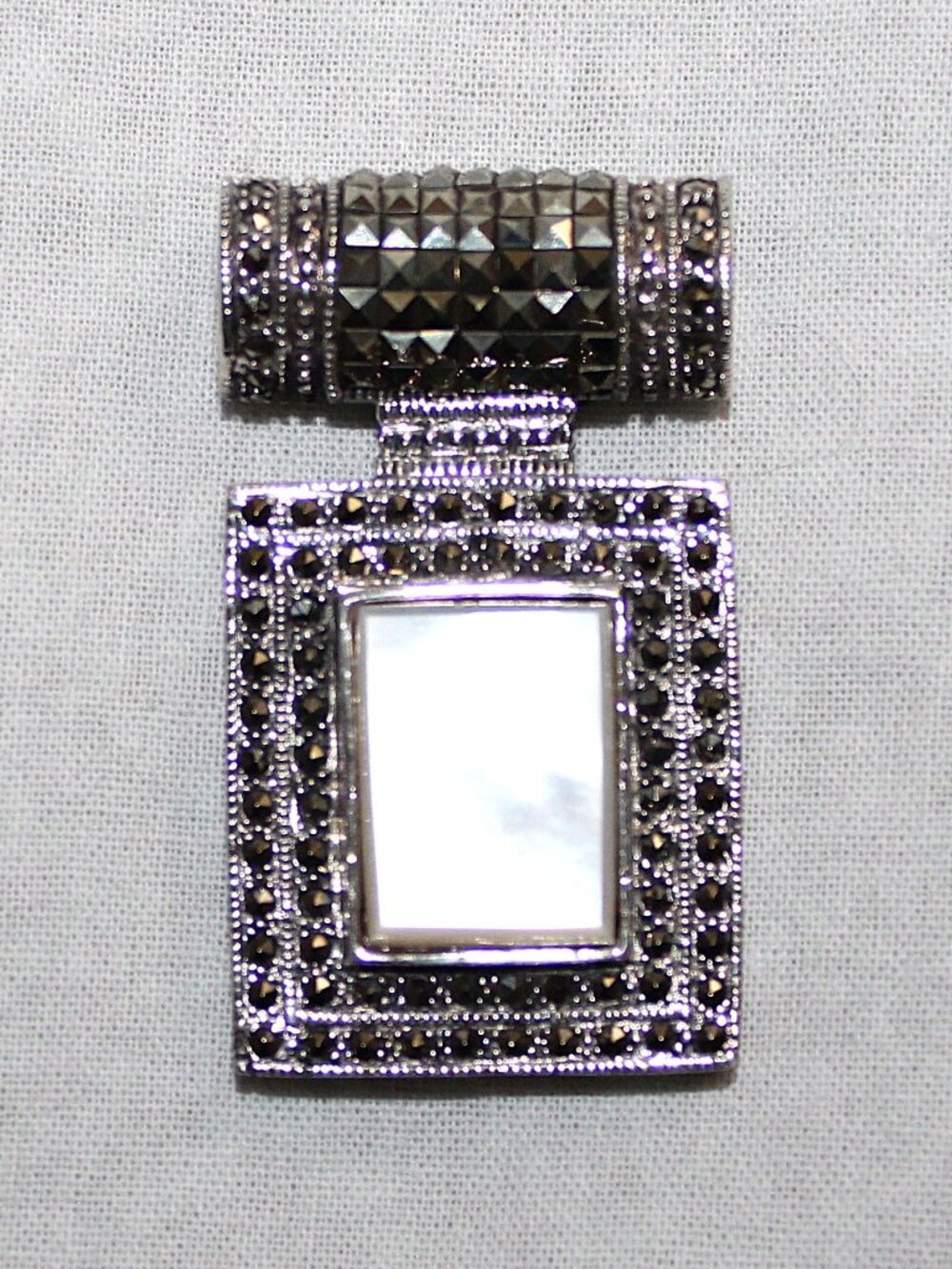 Sterling Silver Retro Mother of Pearl & Marcasite Slider Pendant 24 Grams